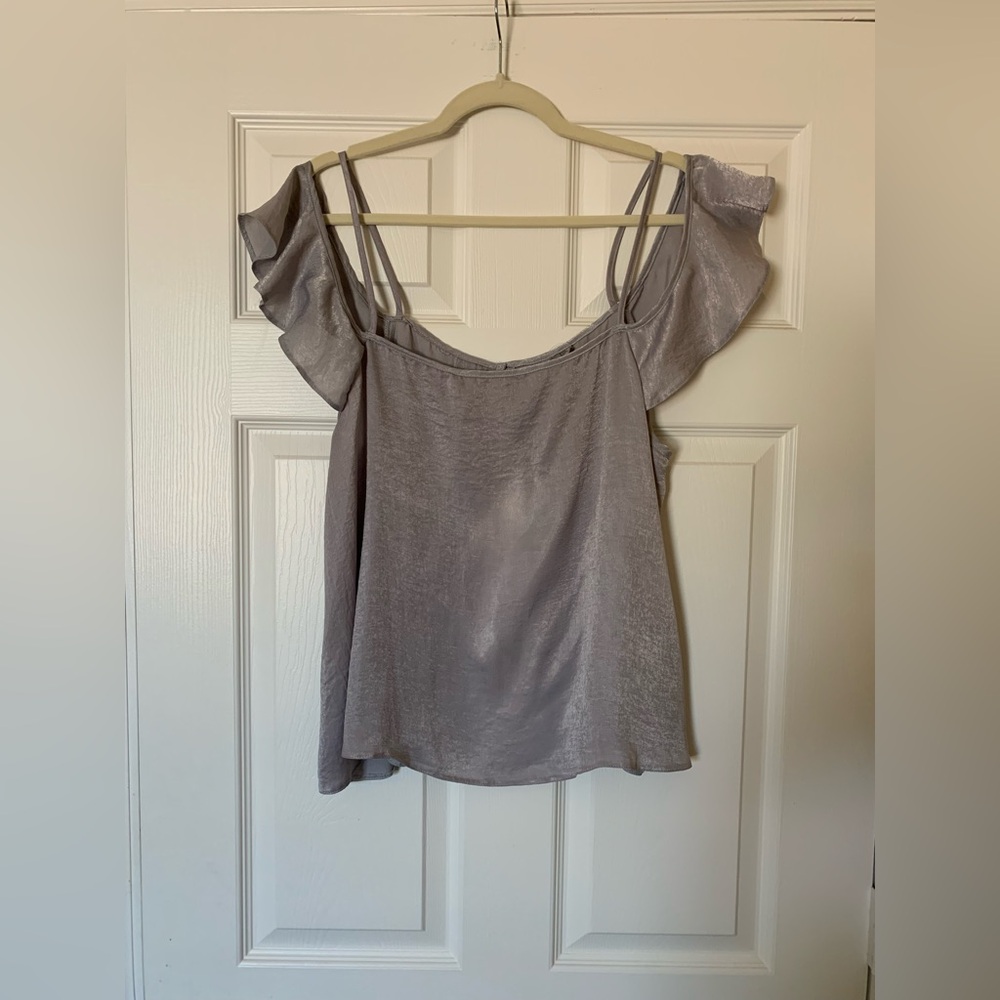 ASOS Ruffle‎ Flutter Sleeves with Back Slit Top Silver Gray 10 Romantic Coquette
